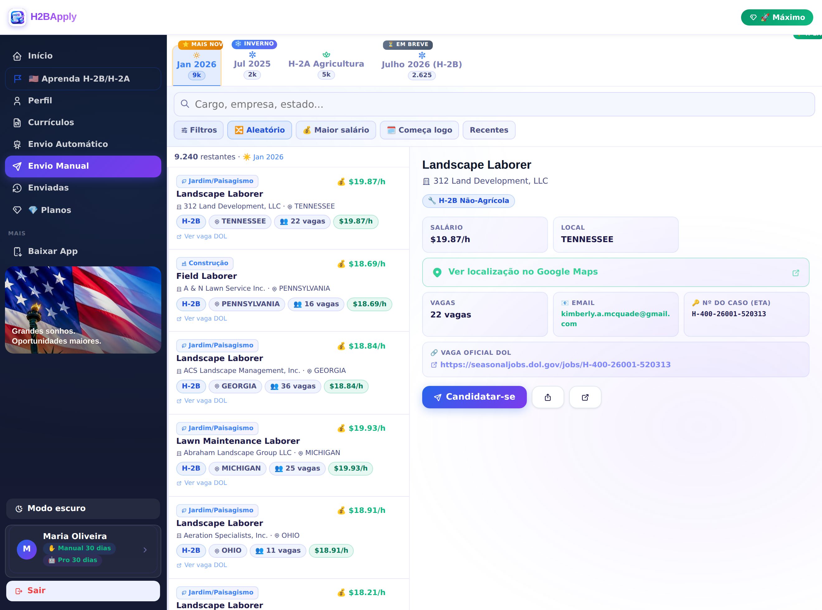 Tela real do Envio Manual com uma vaga selecionada, mostrando salário, local e e-mail do empregador à direita