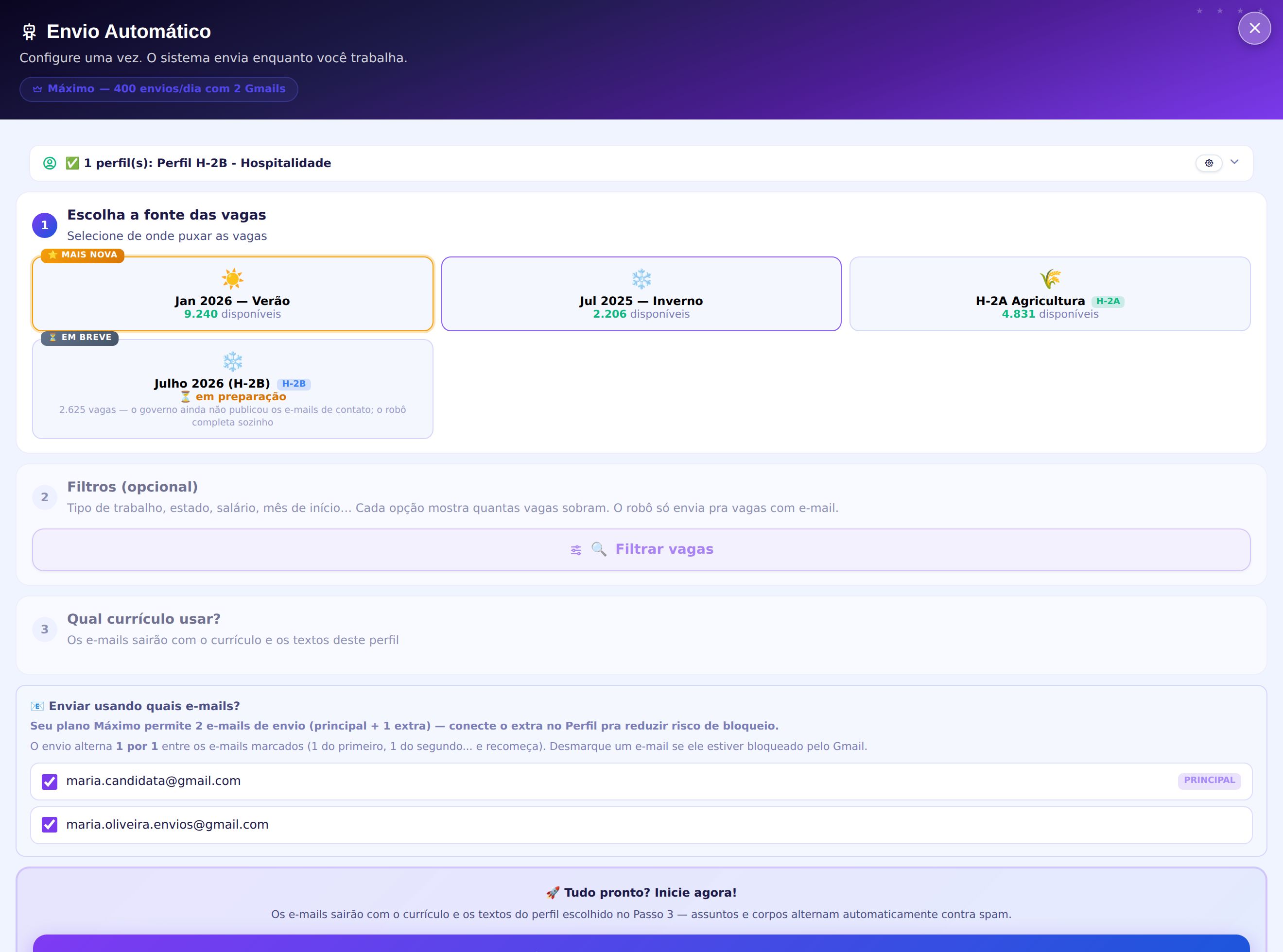 Tela de configuração do Envio Automático, escolhendo fonte de vagas e e-mails de envio
