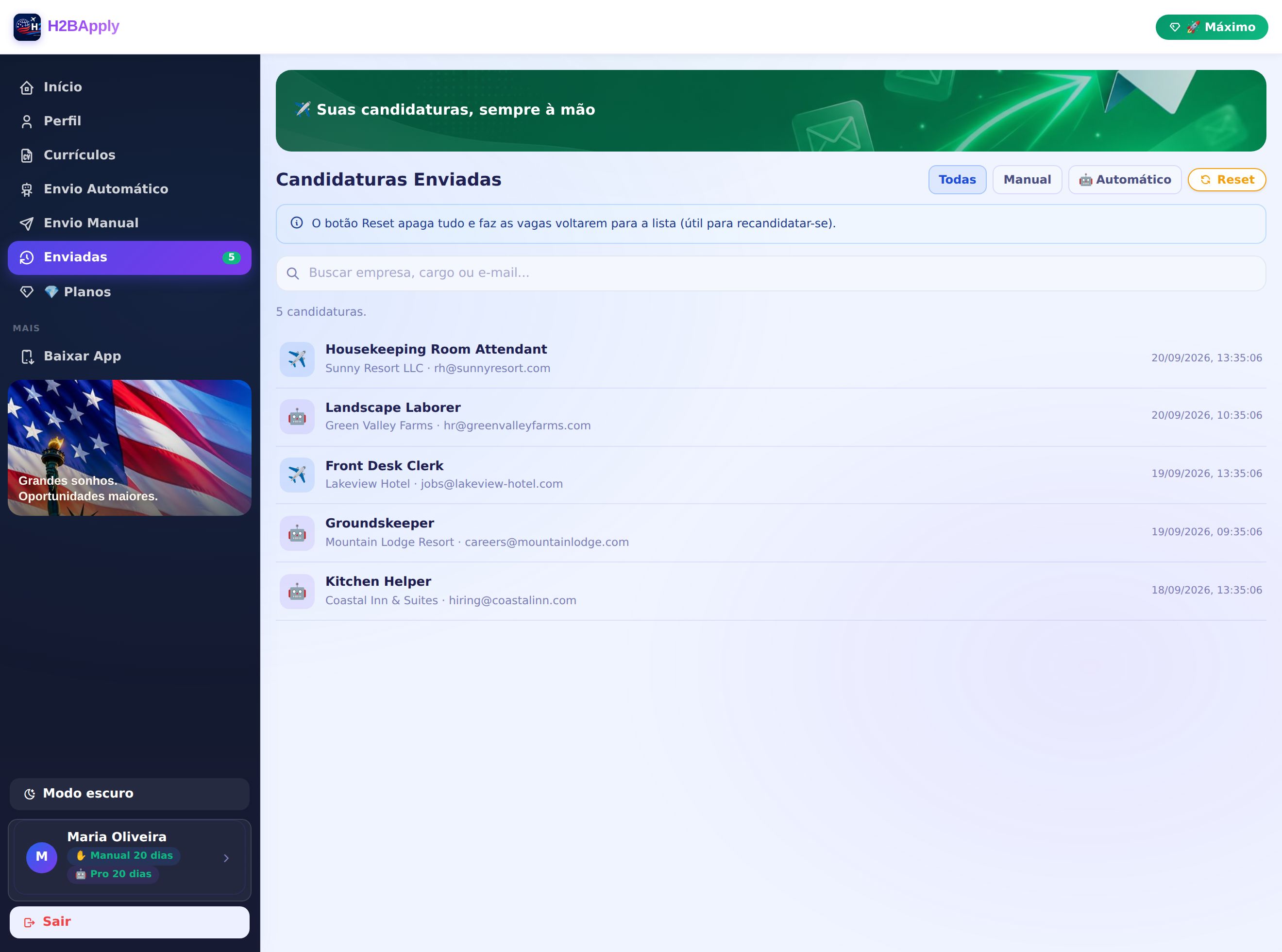 Lista de candidaturas enviadas, manuais e automáticas, com empresa e data