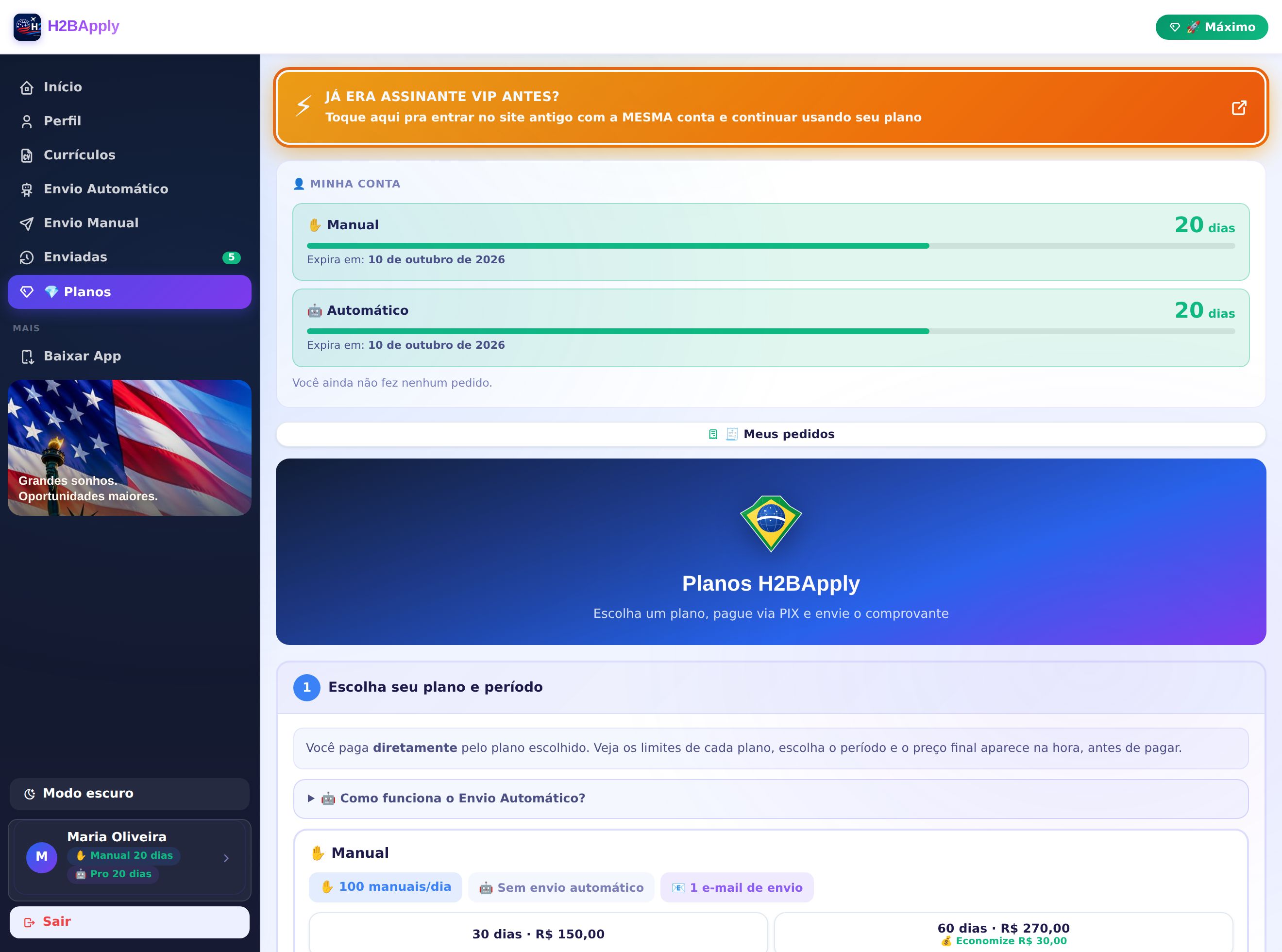 Tela de planos do H2BApply com dias restantes de manual e automático