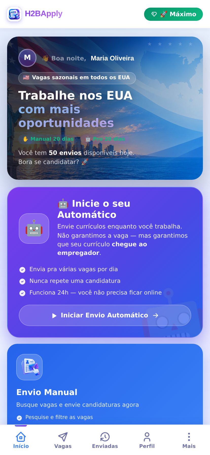 Painel inicial do H2BApply aberto no celular
