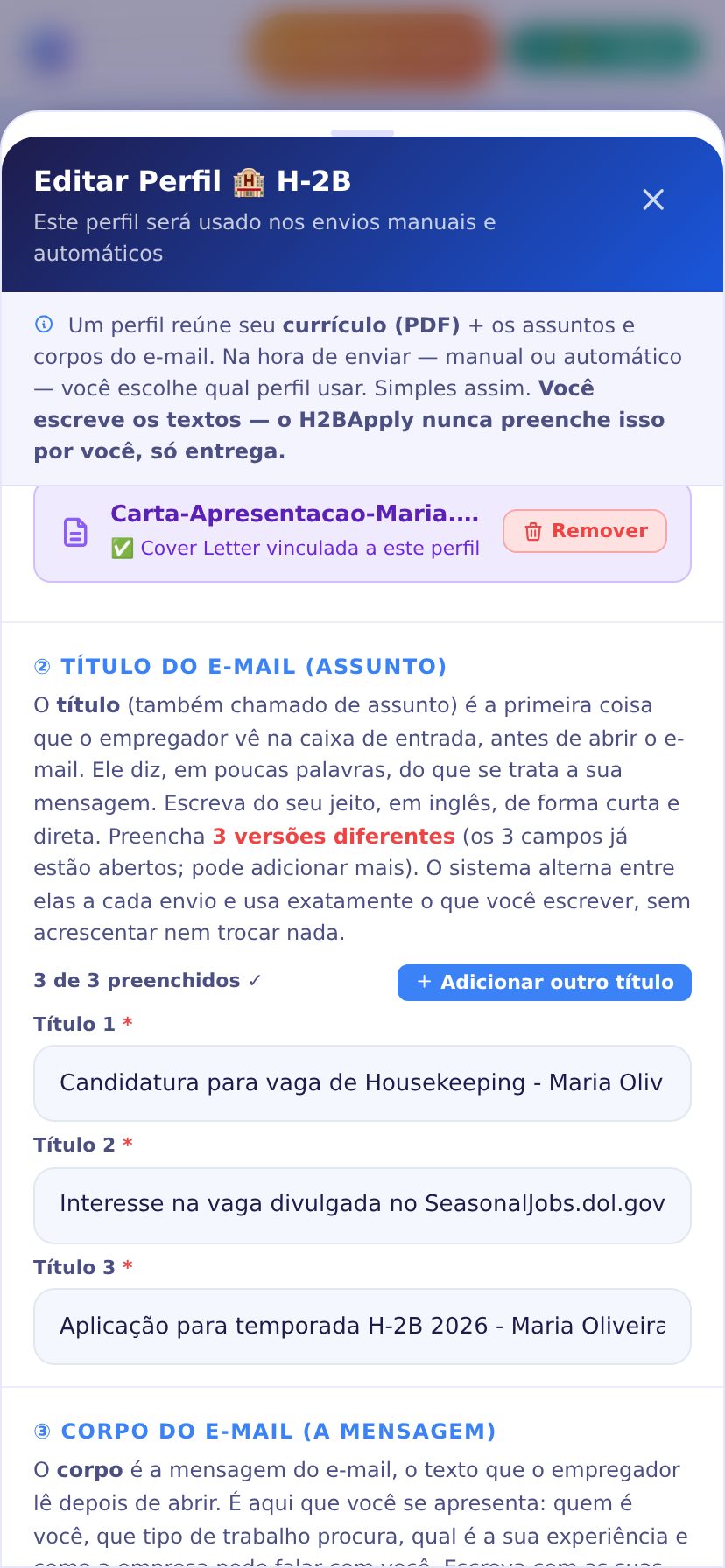 Editor de perfil no celular mostrando os títulos de e-mail escritos pelo usuário