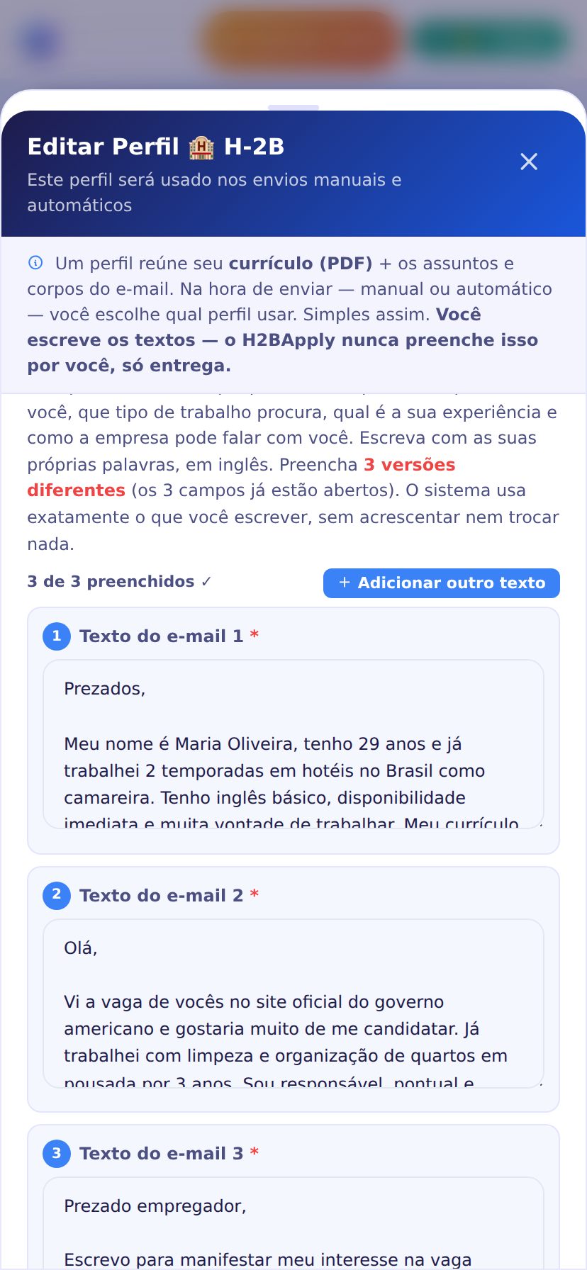 Editor de perfil no celular mostrando o corpo do e-mail escrito pelo usuário