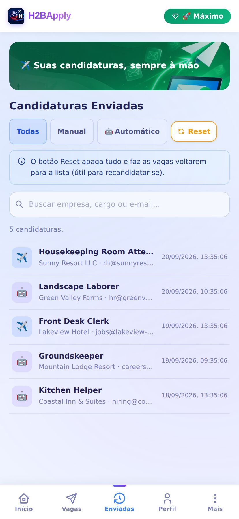 Lista de candidaturas enviadas aberta no celular