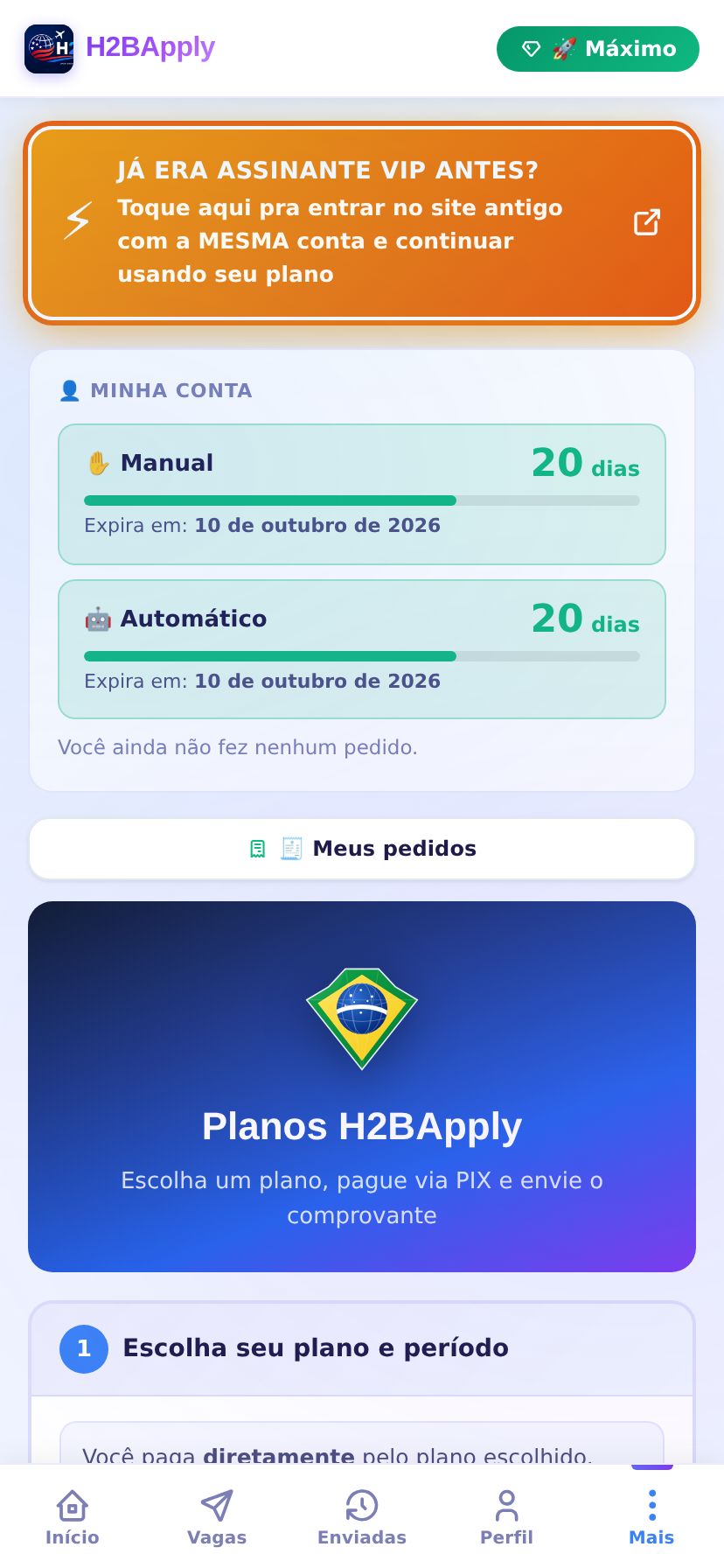 Tela de planos aberta no celular