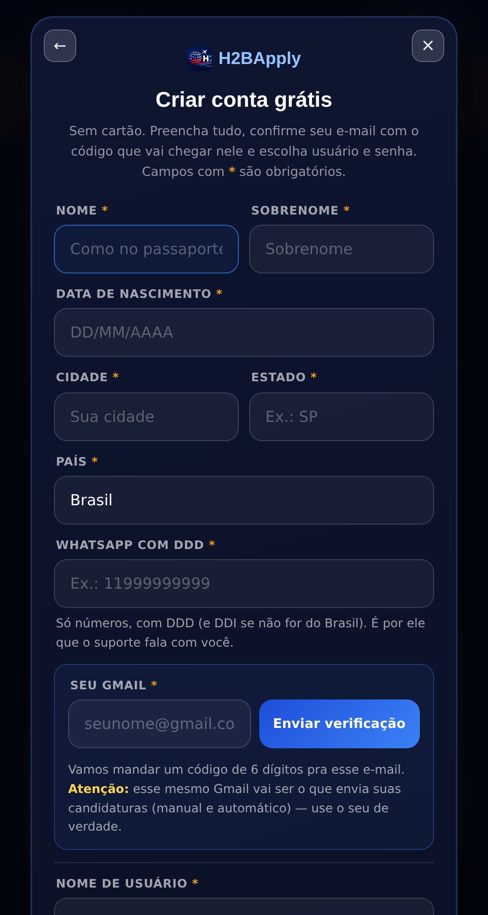 Tela real de criação de conta