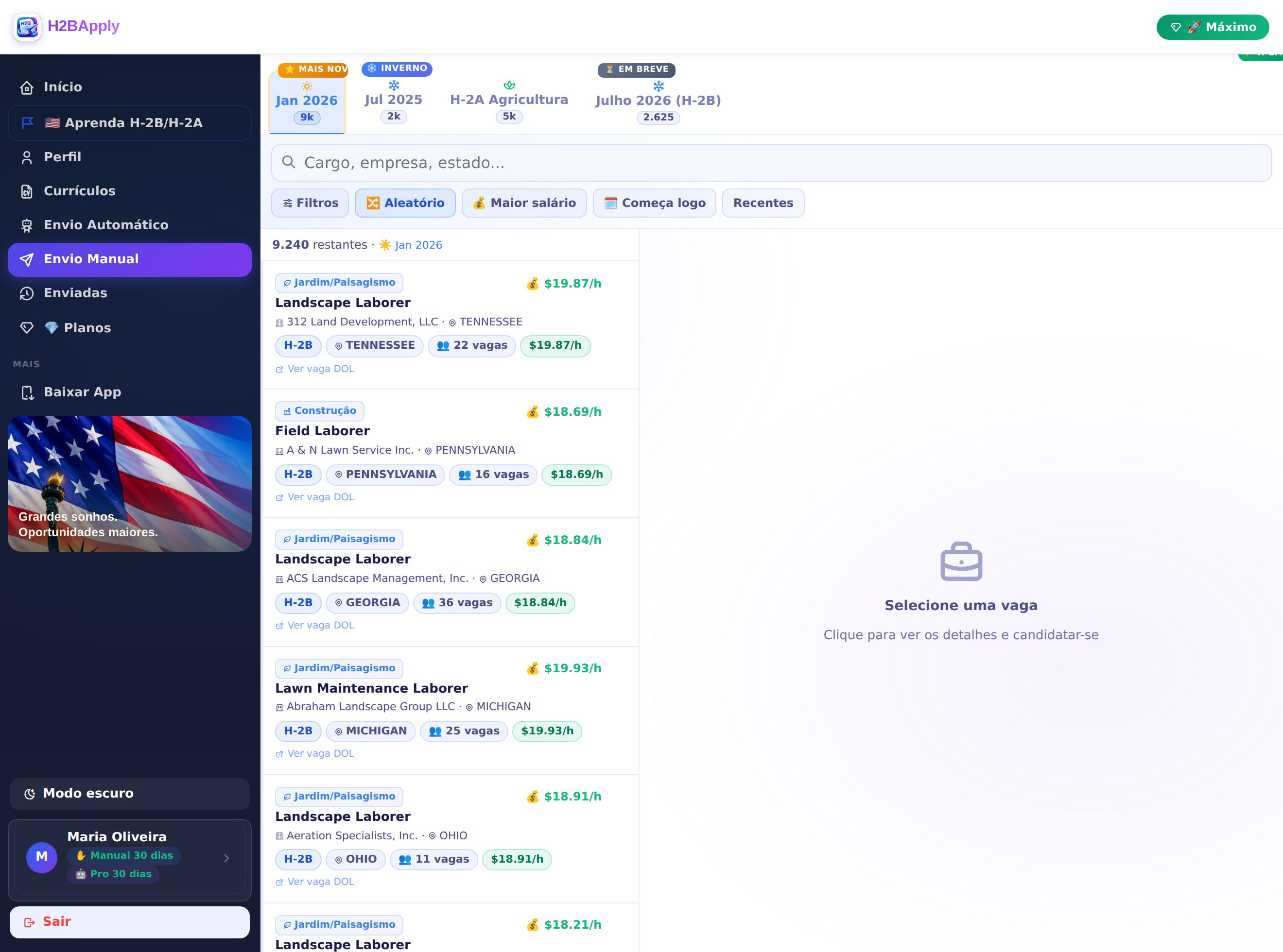 Lista de vagas H-2B reais coletadas do site oficial do governo americano