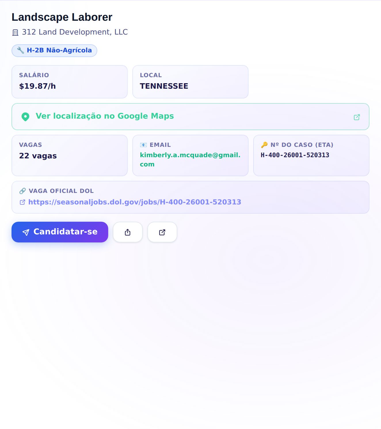 Painel de detalhes de uma vaga: salário, vagas disponíveis, e-mail e número do caso