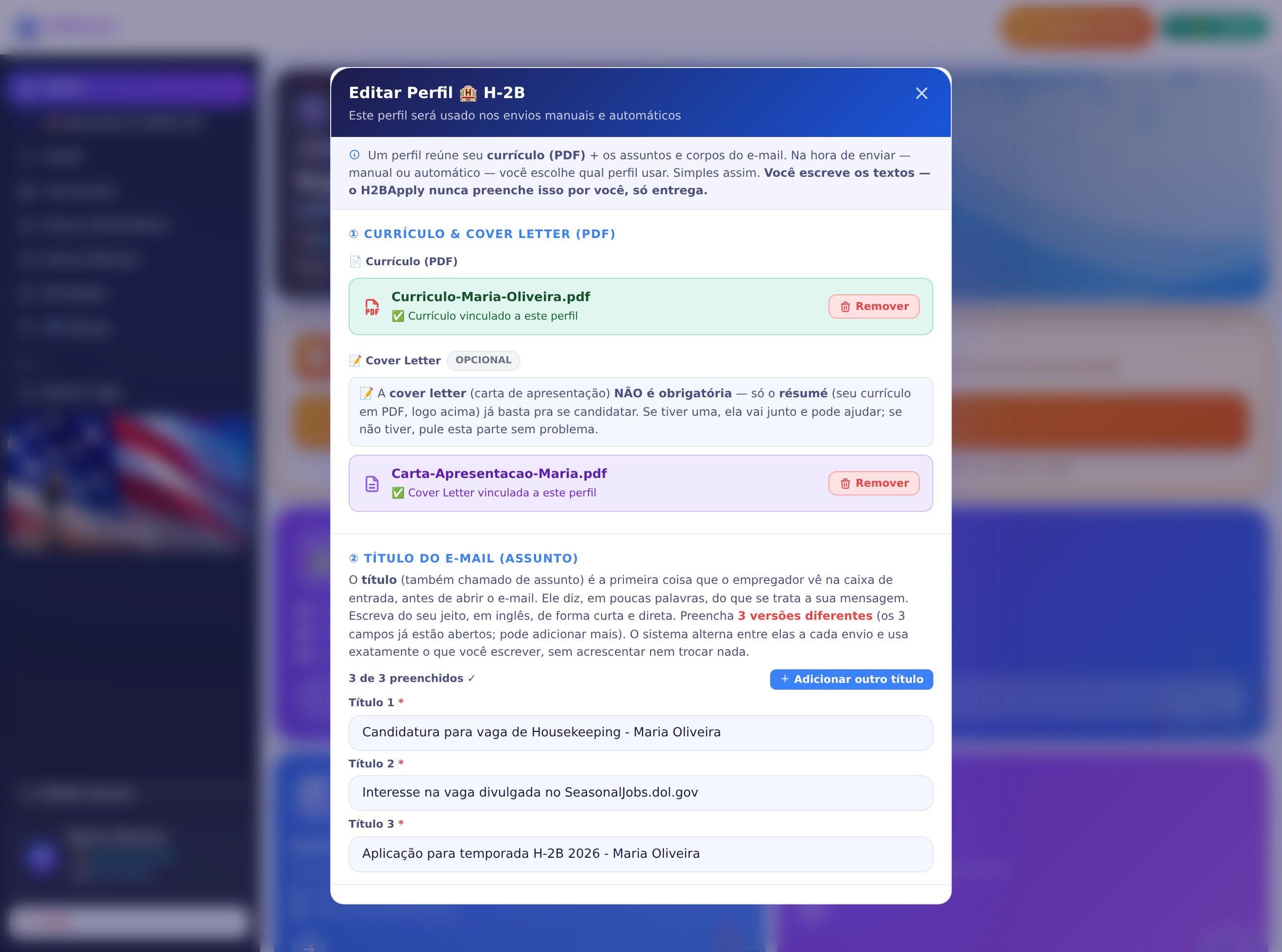 Editor de perfil H-2B com currículo e carta de apresentação em PDF anexados