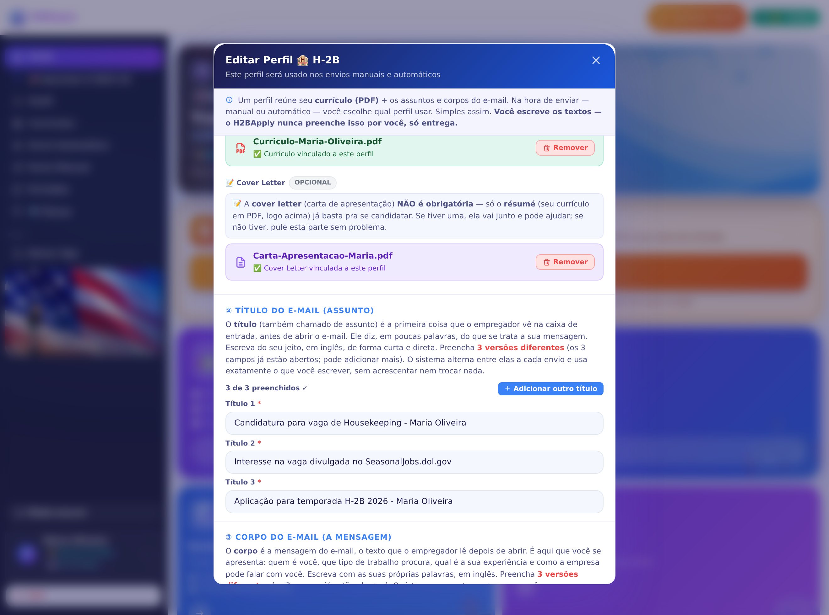 Editor de perfil mostrando os 3 títulos de e-mail escritos pelo próprio usuário