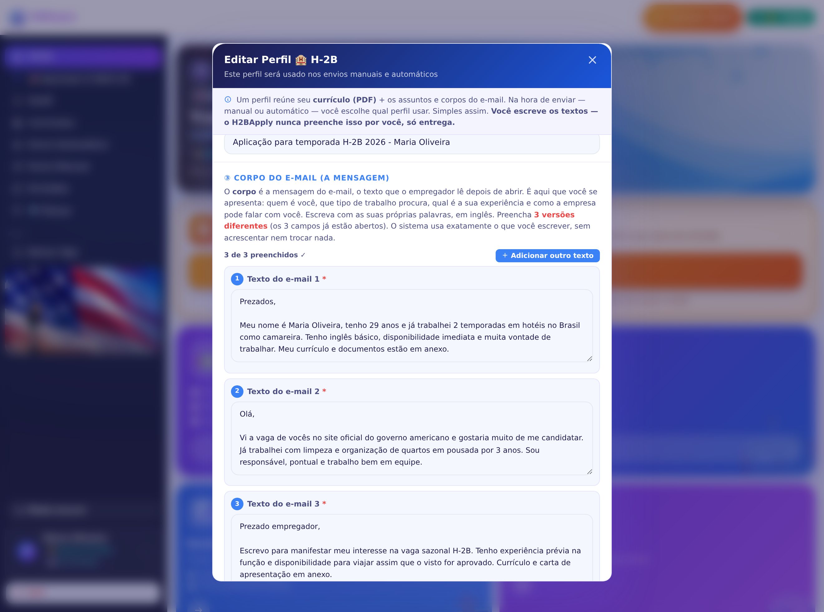 Editor de perfil mostrando os 3 corpos de e-mail escritos pelo próprio usuário