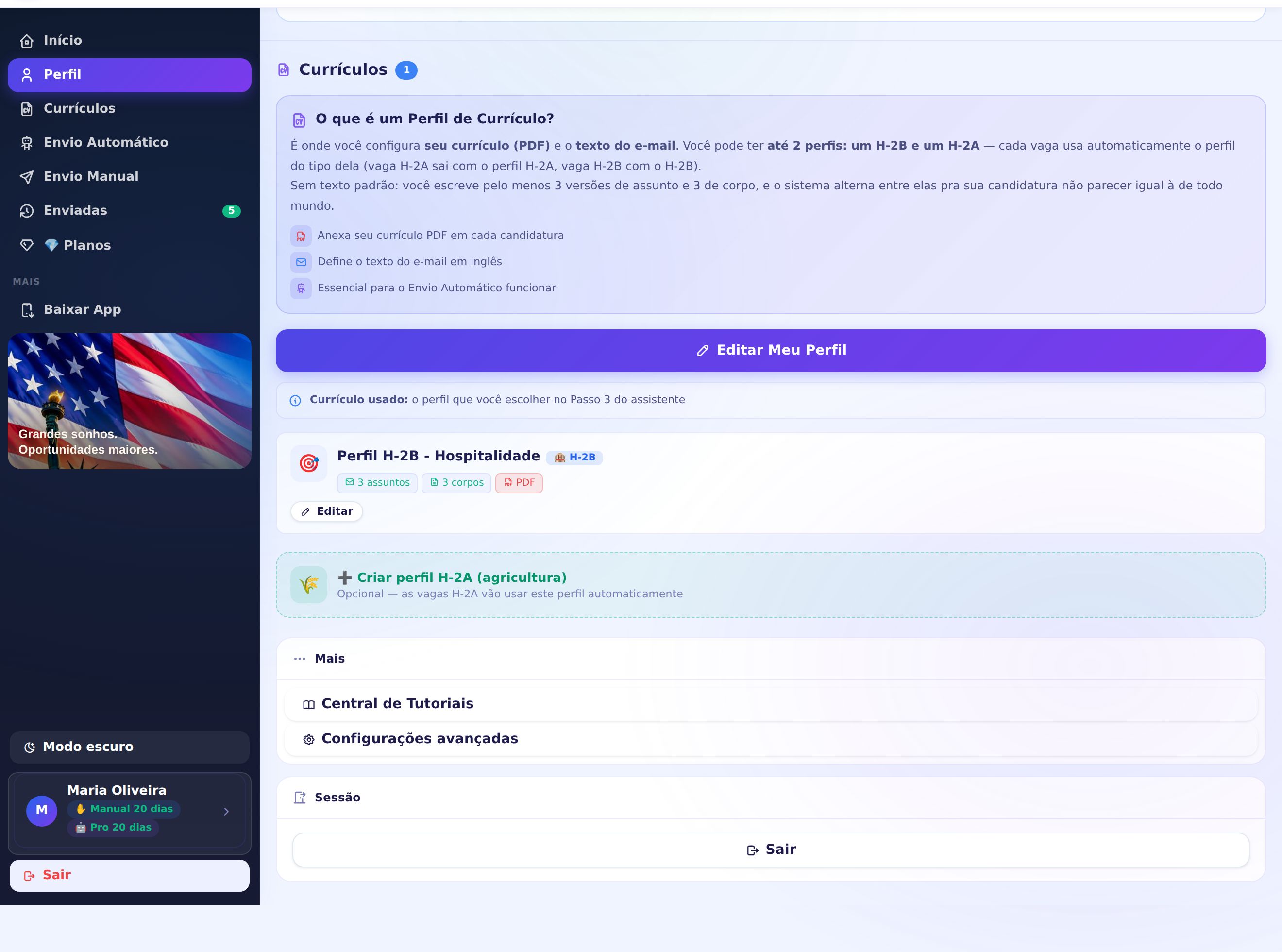 Tela real do perfil com currículo em PDF anexado